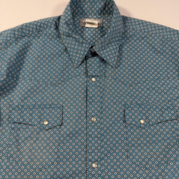Wrangler Wrancher Shirt Mens XL Blue Geometric Pearl Snap Western Short Sleeve - Picture 6 of 6